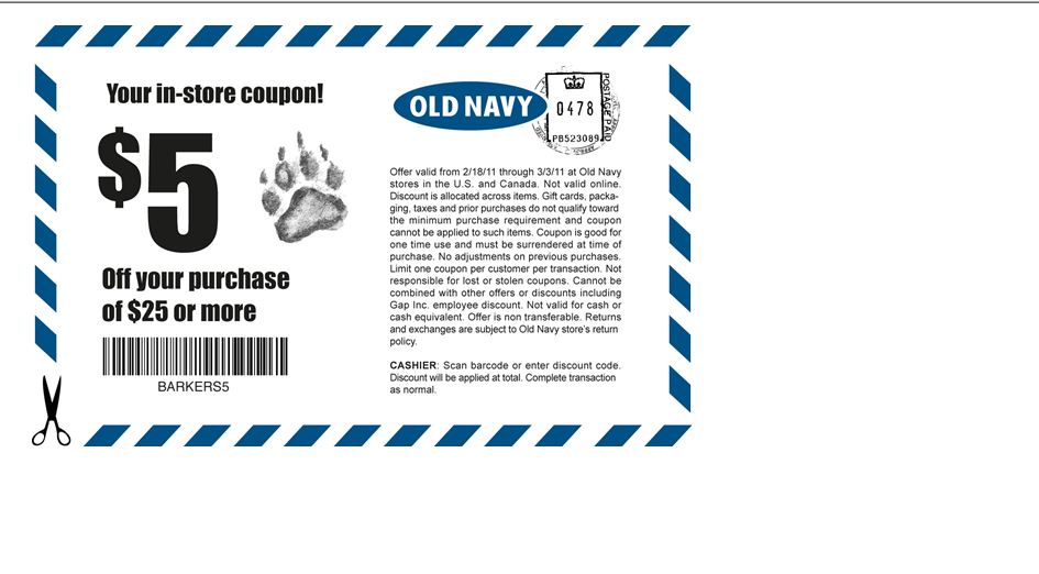 Old Navy Canada Barkers Bones Save 5 off 25 Printable Discount Coupon
