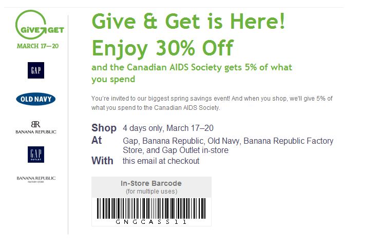 Gap. Old Navy. Banana Republic Give and Get Program March 1720th Save 30 Printable Coupon