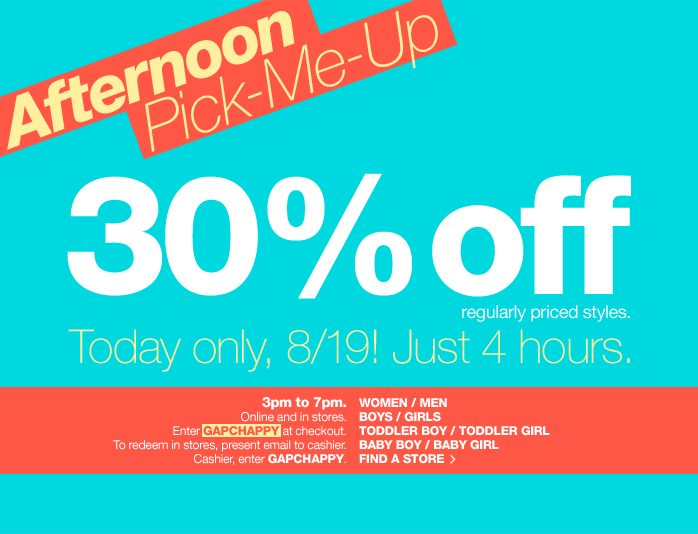 GAP Canada 4 Hrs 30 OFF *3PM7PM* Canadian Freebies, Coupons, Deals