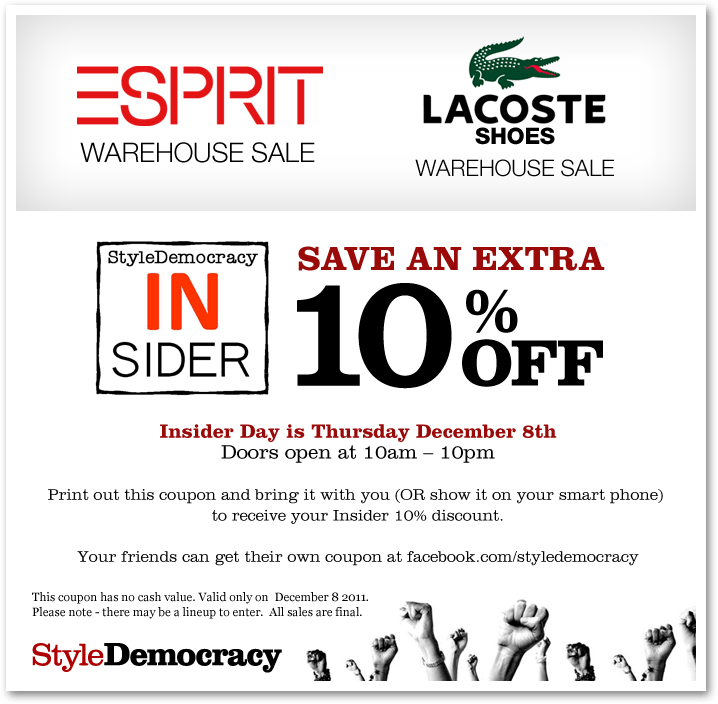 Style Democracy Canada Esprit & Lacoste Shoes Warehouse Sale Markham