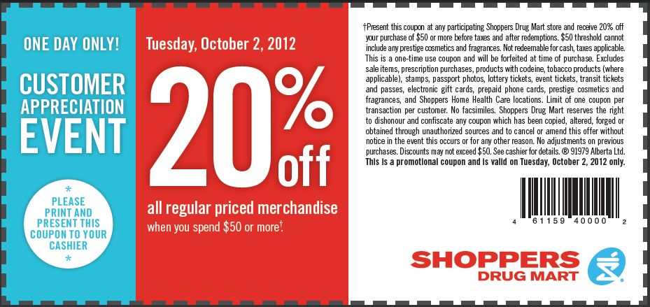 Shoppers Drug Mart 20% Off Regular Priced Merchandise When You Spend