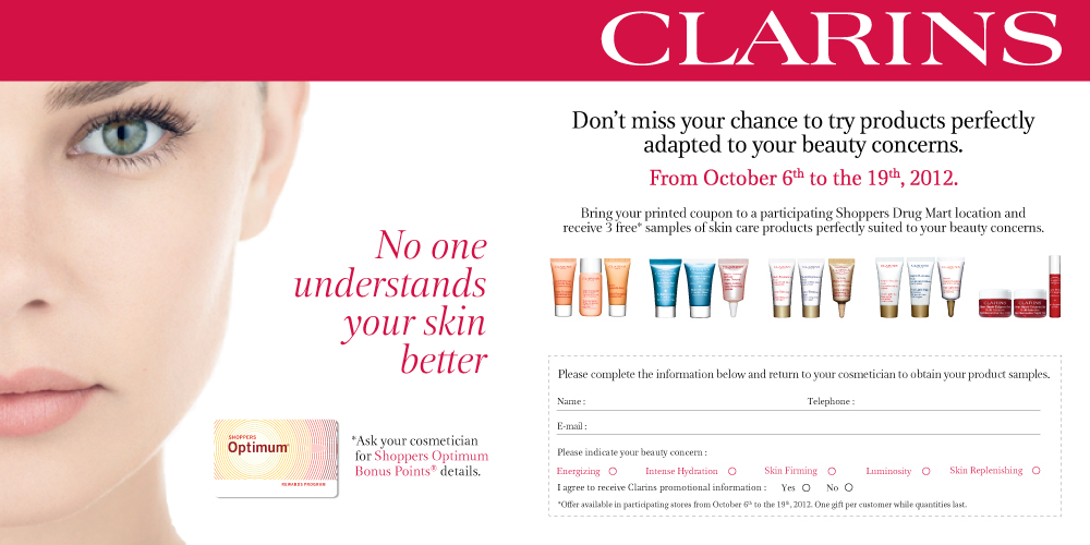 Three Free Clarins Skin Care Samples from Shopper's Drug Mart