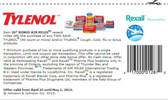 Rexall 20 Bonus Airmiles WUB 2 Tylenol Products *Printable Coupon