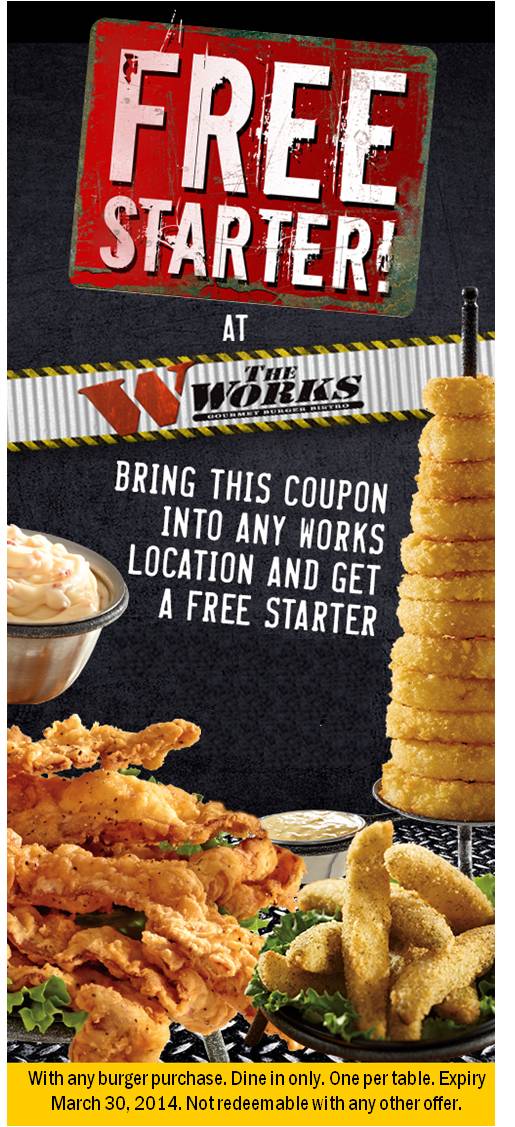 The Works Canada Coupons FREE Appetizer with the Purchase of Any