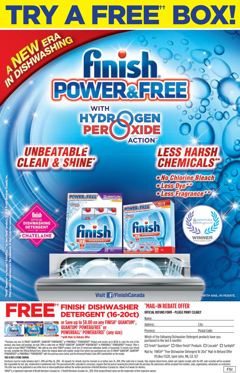 *HOT* Finish Canada Freebie Free Finish Dishwasher Detergent With Mail