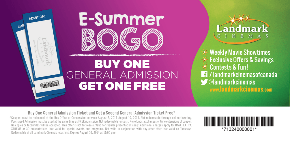 Landmark Cinemas Canada Printable Coupons Buy One Get One FREE General
