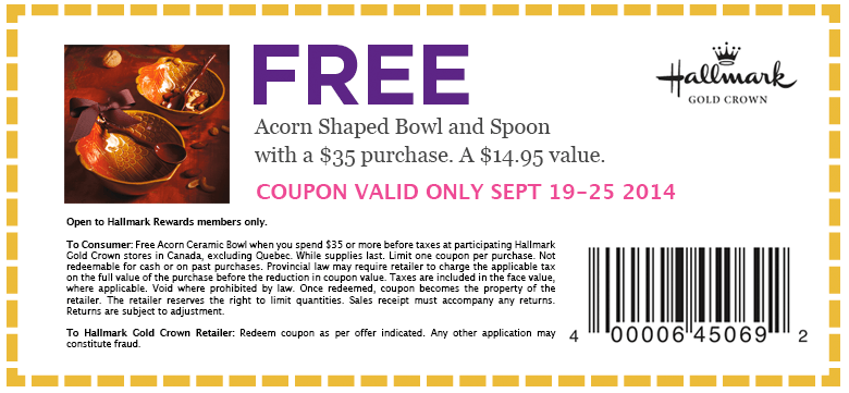 Hallmark Canada Printable Coupon: FREE Acorn Shaped Bowl and Spoon with