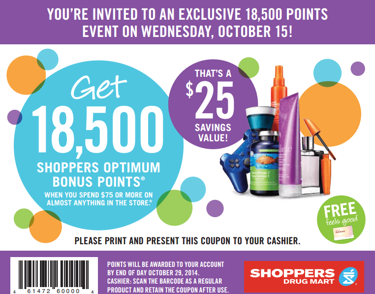 Shoppers Drug Mart Canada Coupon Get 18,500 Shoppers Optimum Bonus
