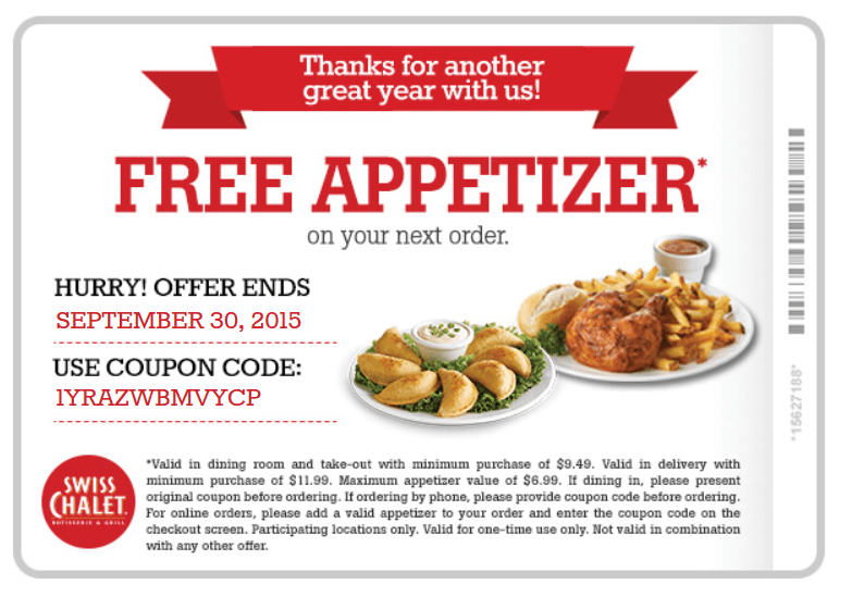 Swiss Chalet Canada Coupon Get FREE Appetizer Canadian Freebies