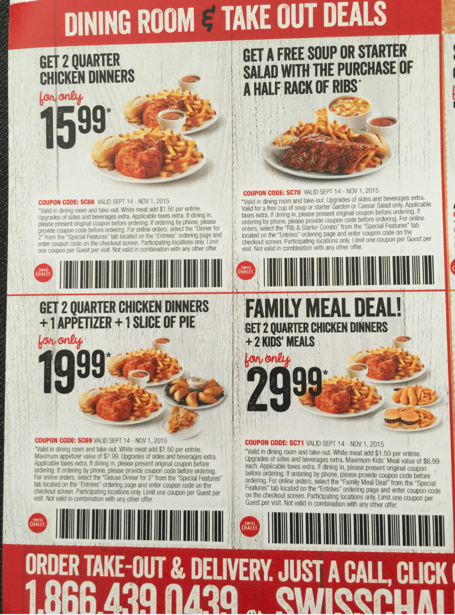 Swiss Chalet Coupons & Promo Codes 15.99 for 2 Quarter Chicken Dinners, FREE Soup or Salad