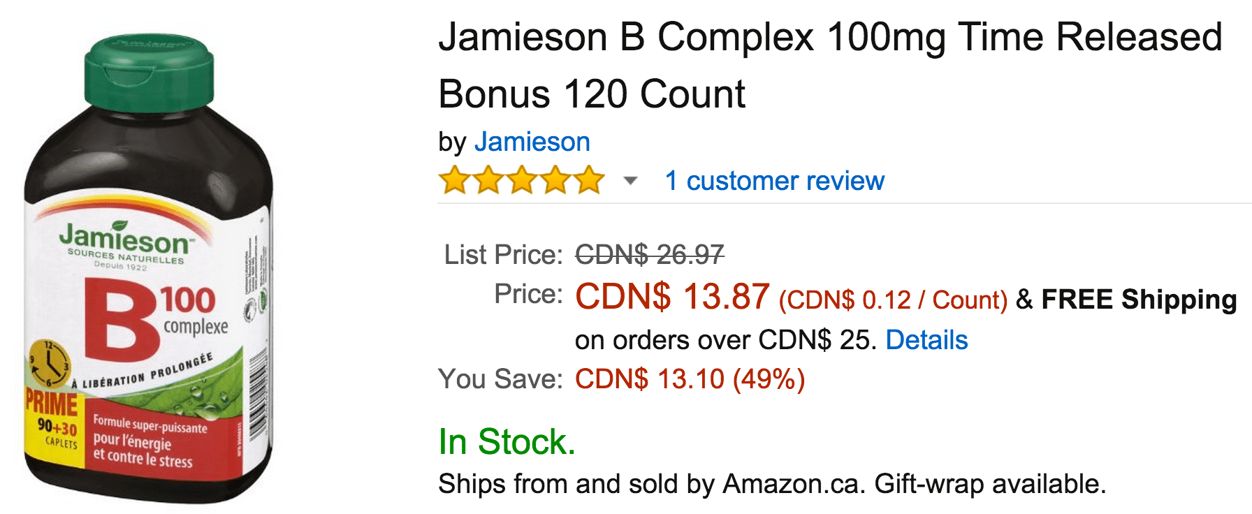 Amazon Canada Today's Deals Save 49 On Jamieson B Complex 100mg Time Released Bonus 120 Count