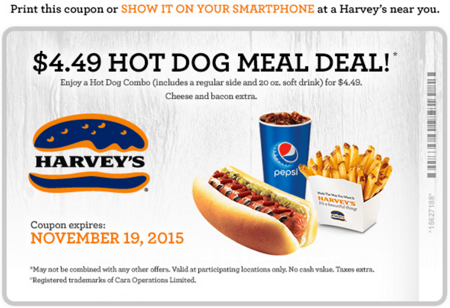 Harvey’s Restaurants Canada Coupons Hot Dog Combo Meal For Just 4.49