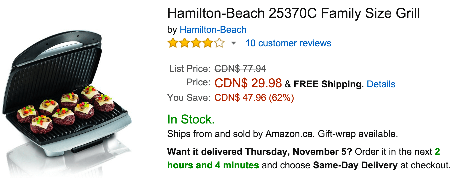 Amazon Canada Deals Save 62 On HamiltonBeach Family Size Grill