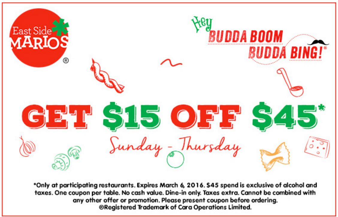 East Side Mario’s Canada Coupons Save 15 Off 45, In Store & 10 Off