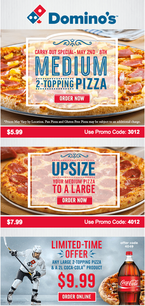 Domino’s Pizza Canada Offers Get Medium 2Topping Pizza For Only 5.99 and Large For 7.99