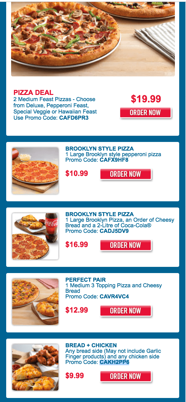Domino's Canada Offers 2 Medium Feast Pizzas for 19.99, 1 Large