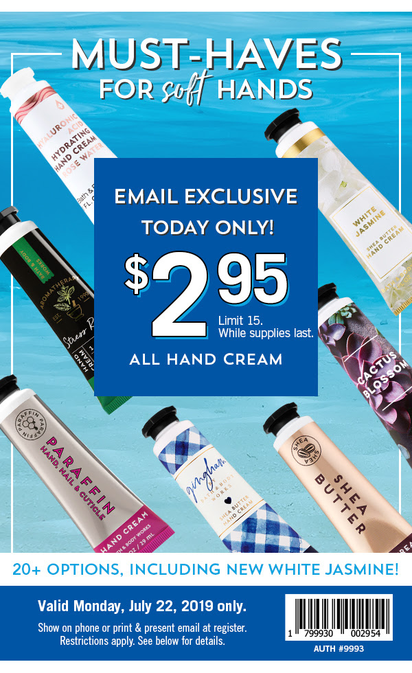 Bath & Body Works Canada Coupons All Hand Creams for 2.95 Today Only + Buy 2 Get 2 FREE on