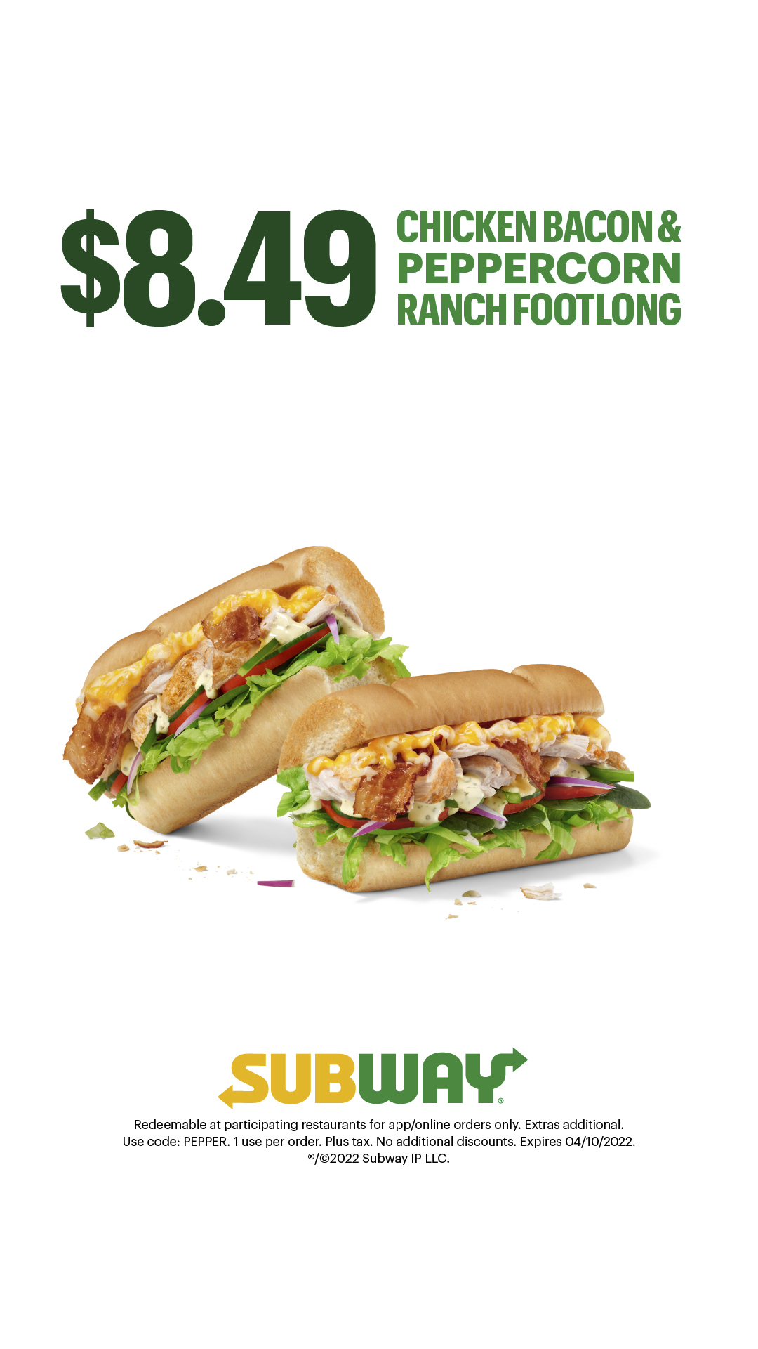 Subway Canada Promos NEW Chicken Bacon & Peppercorn Ranch Footlong for