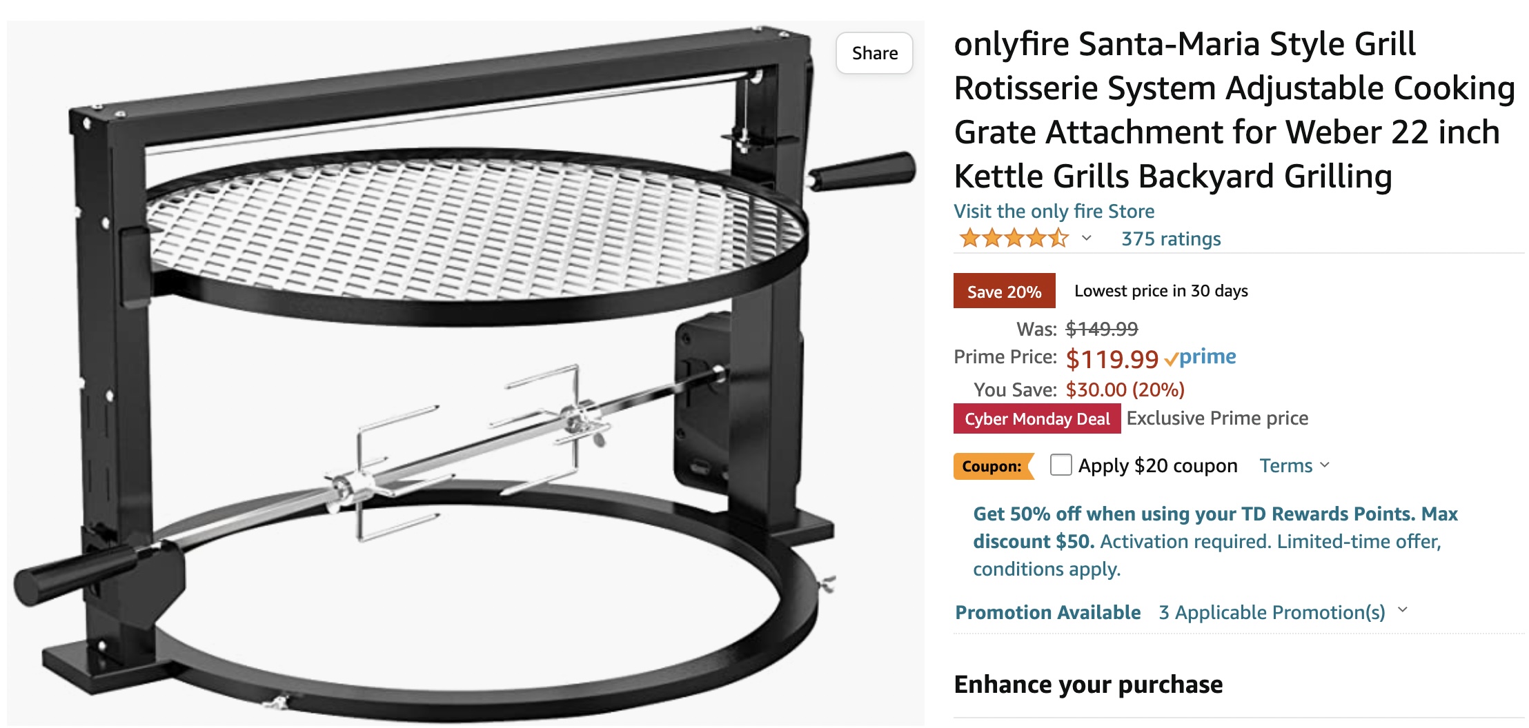 Amazon.ca Onlyfire Rotisserie System Adjustable Cooking Grate 99.99