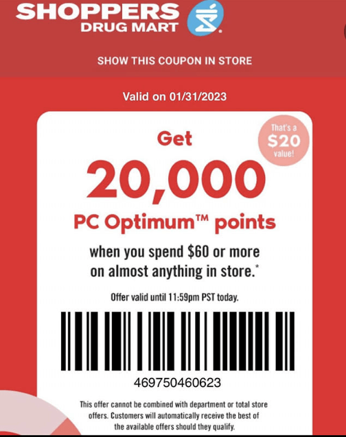 Shoppers Drug Mart Canada Tuesday Text Offer 20,000 PC Optimum Points