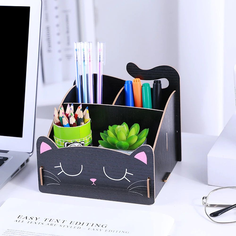 Cute Cat Pen Holder Multifunctional Storage Wooden pen Stationery