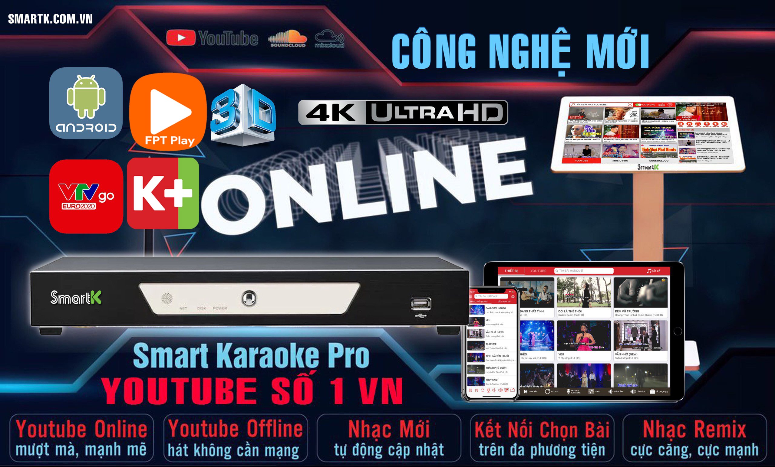 SmartK Đầu Karaoke Màn hình cảm ứng Tivi cường lực