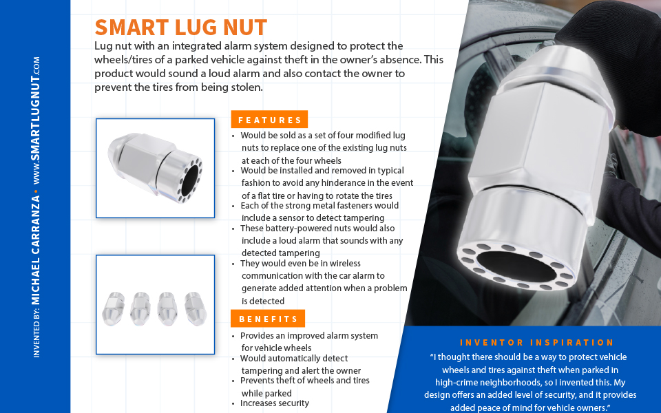 Smart Lug Nut Lug nut with an integrated alarm system designed to