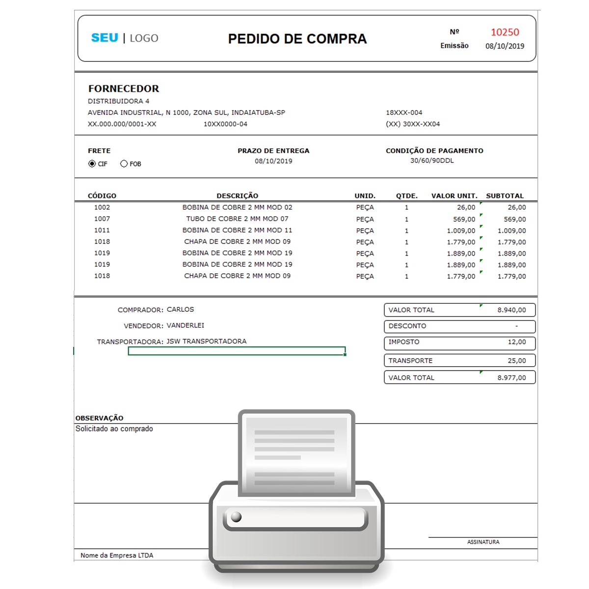 Planilha de Pedido de Compras em Excel Modelo Smart Planilhas
