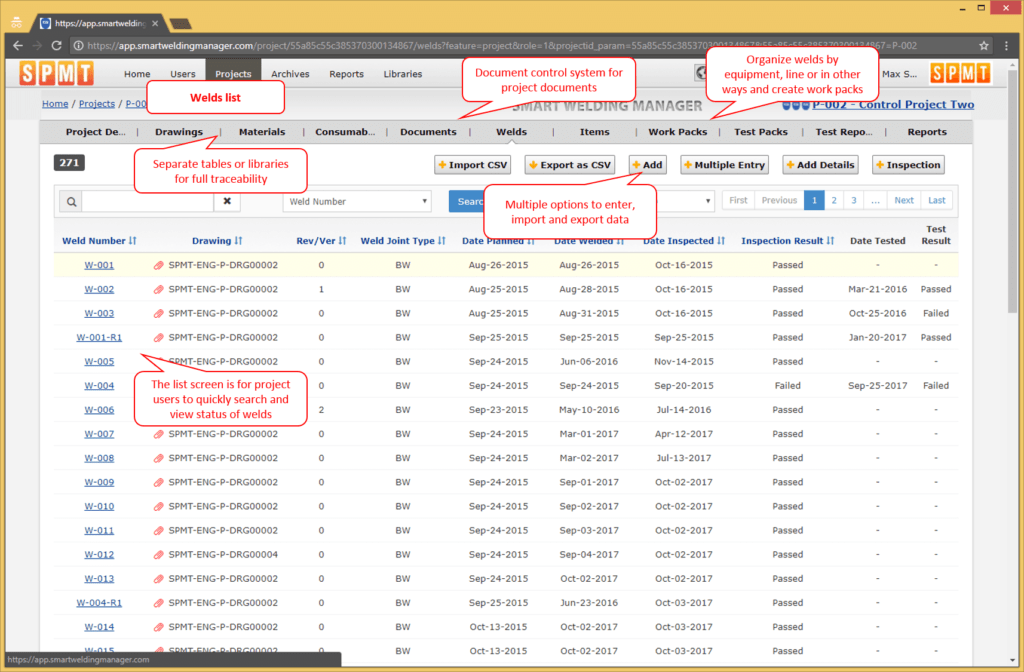 Welding management software for weld mapping,.