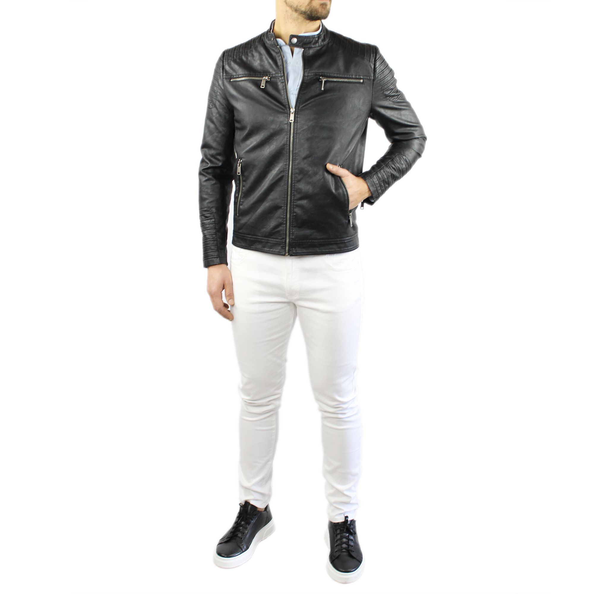 Giubbotto Uomo Pelle Biker Slim Fit Nero Giacca Moto