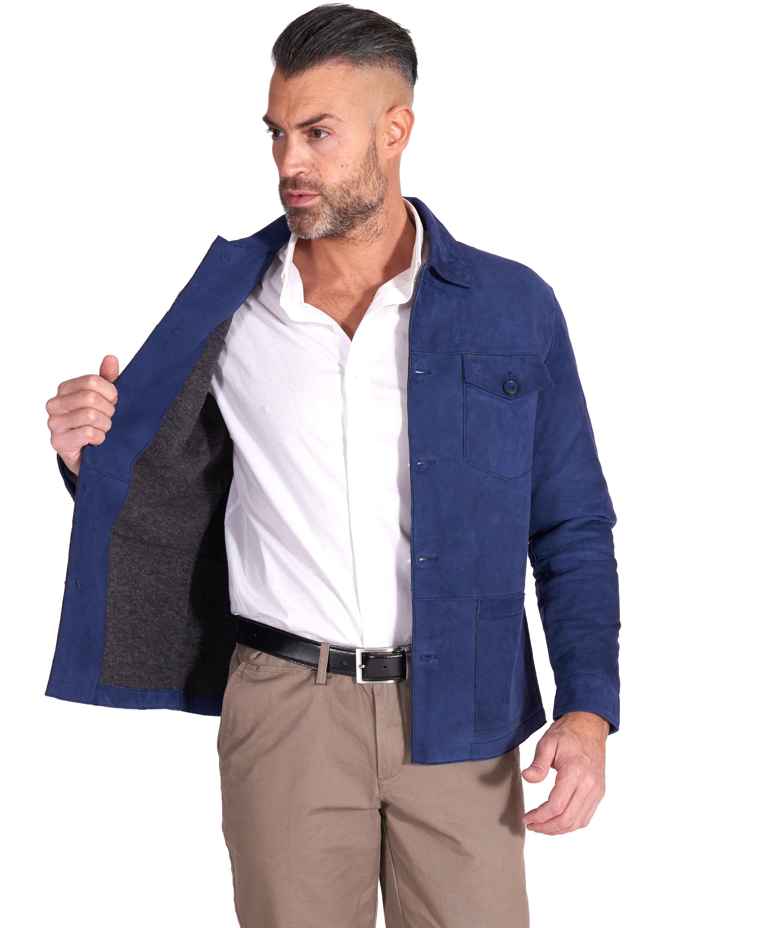 Giacca in Pelle Scamosciata Blu Renna Uomo Tessuto
