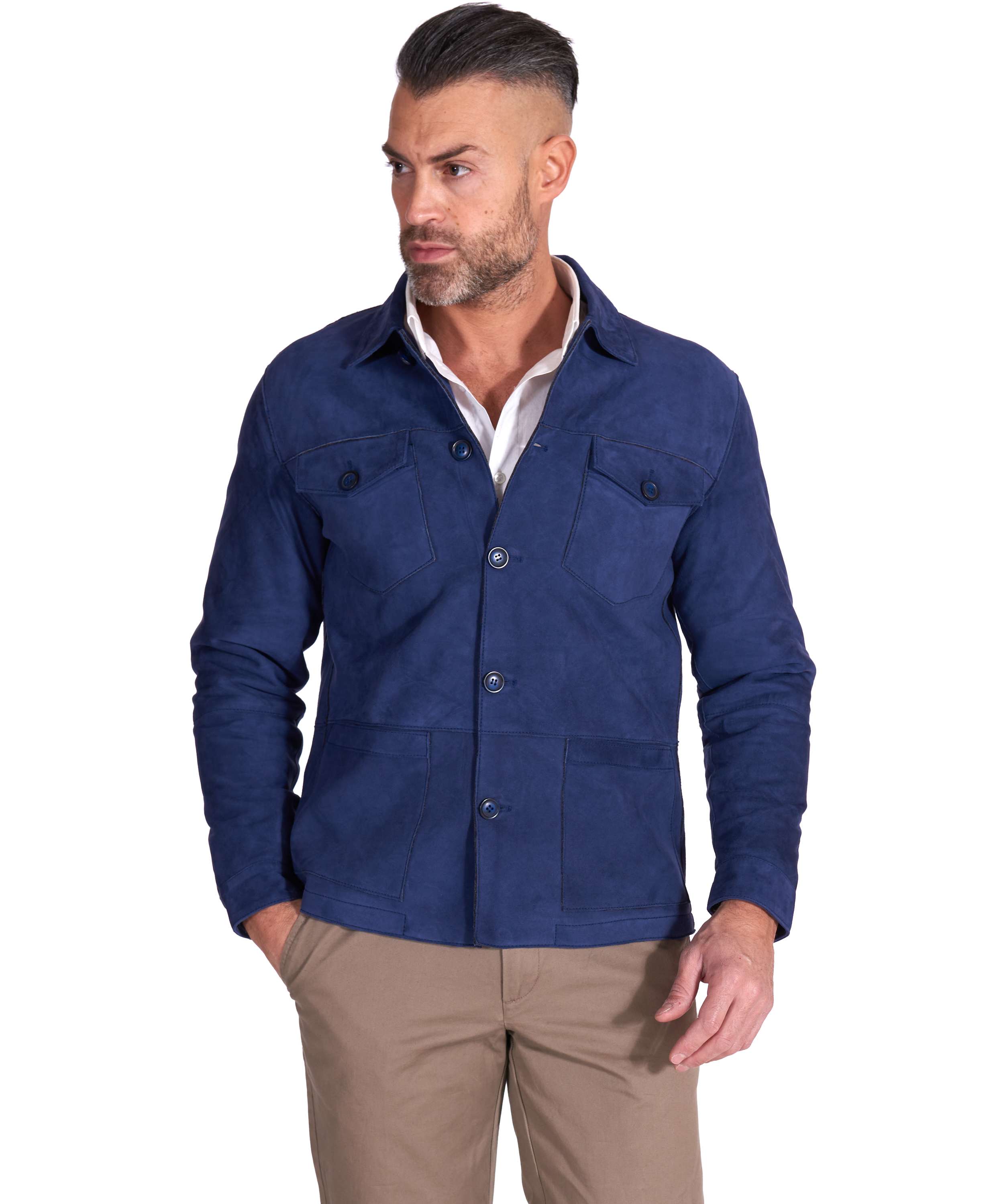 Giacca in Pelle Scamosciata Blu Renna Uomo Tessuto