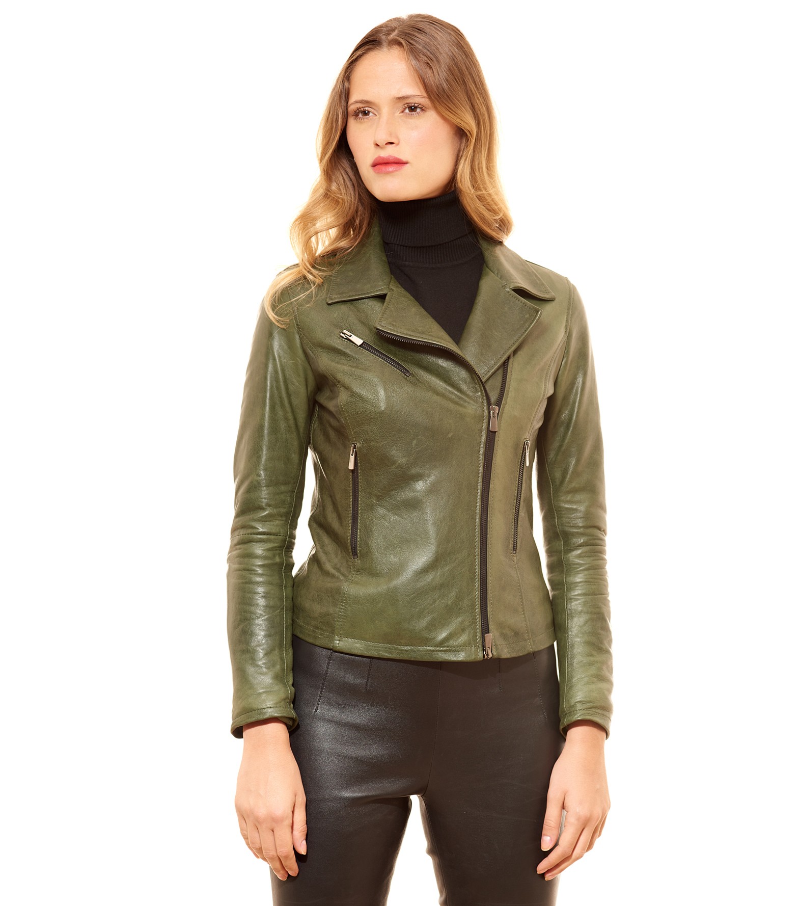 Chiodo in Pelle Verde Donna Giacca Biker Vintage Vera