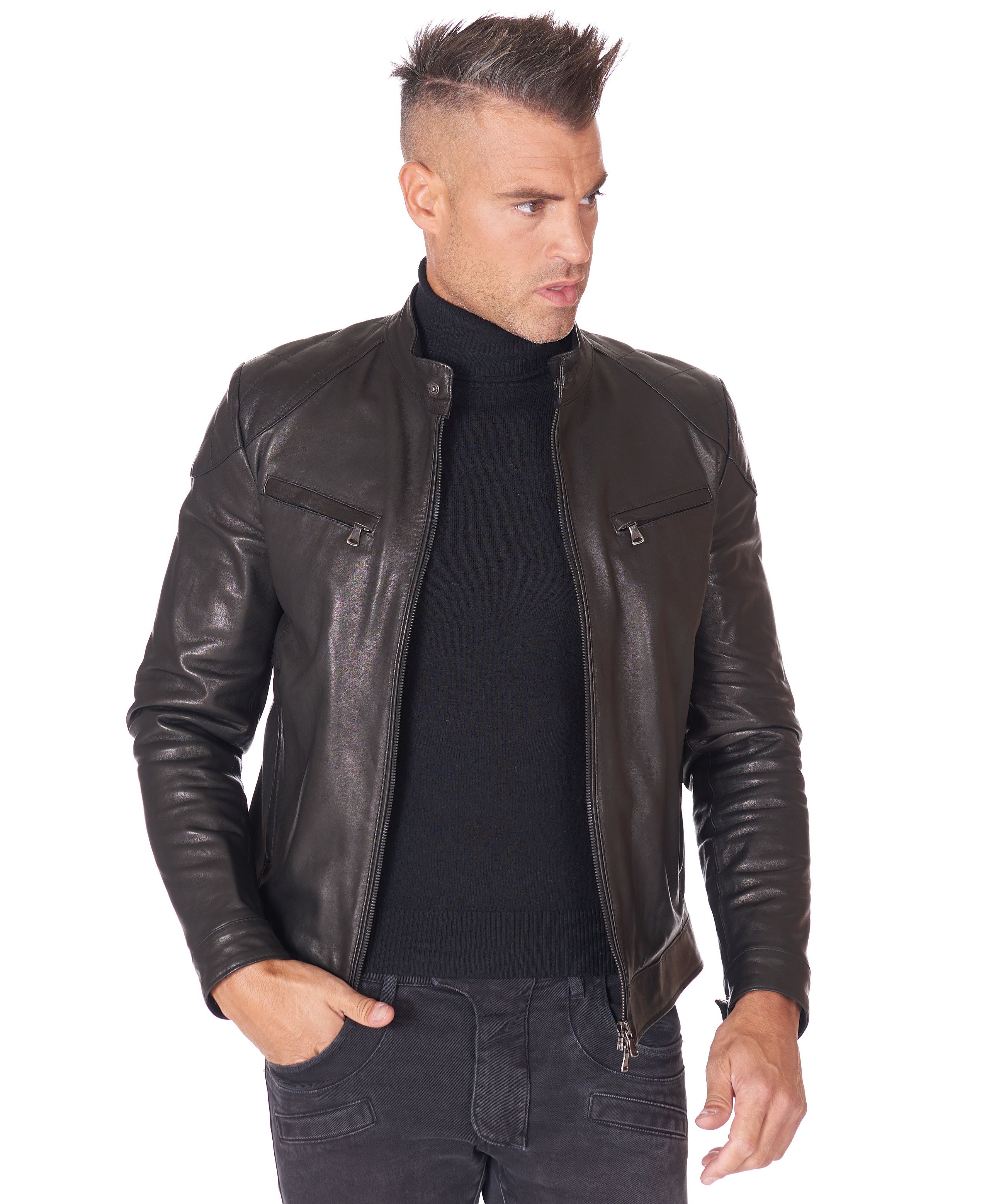 Giacca pelle Uomo Nera Trapuntata Made in Italy Giacca