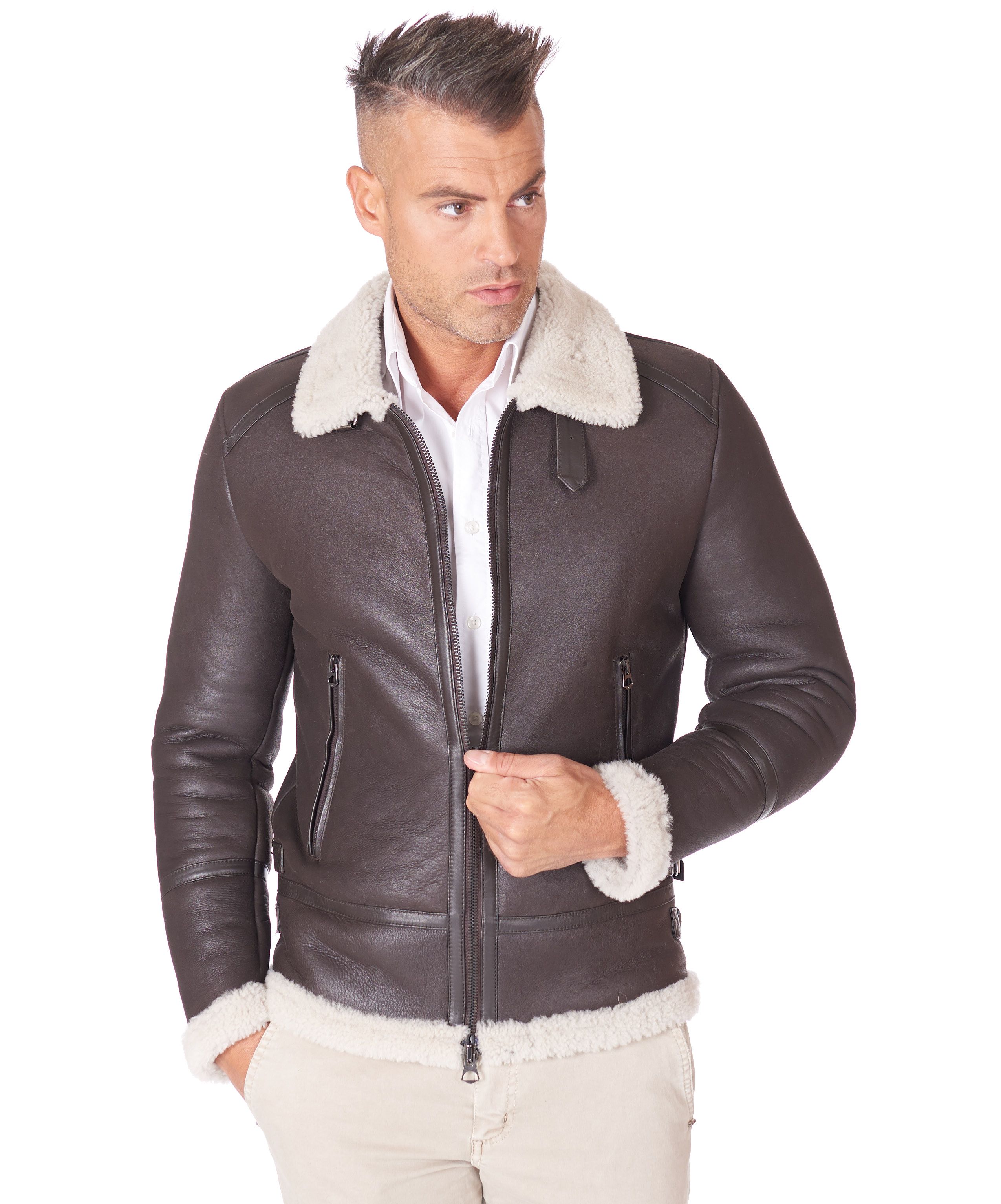 Giaccone in Pelle di Montone Testa di Moro Uomo Biker