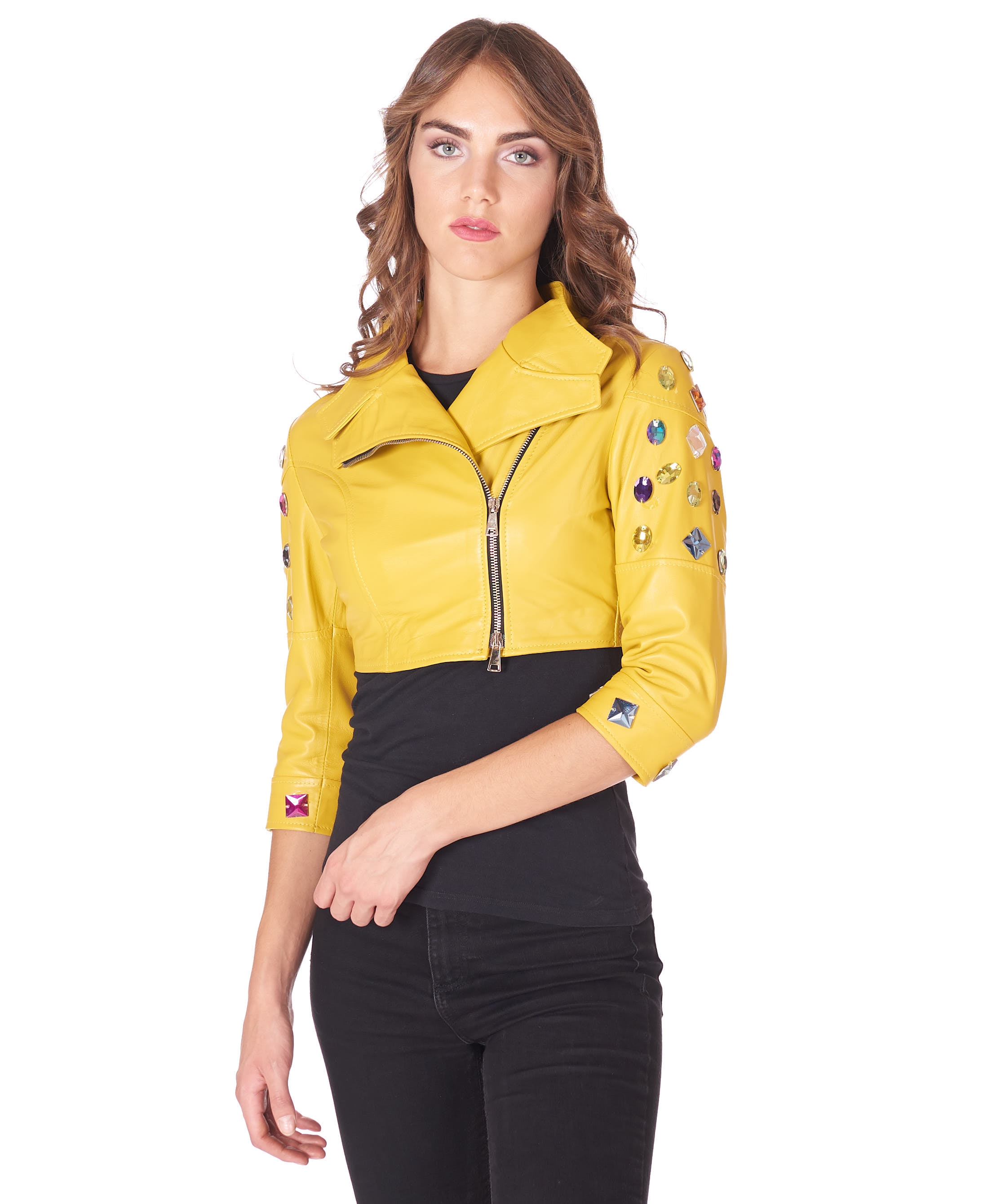 Bolero in Pelle Gialla Donna Giacca Corta Decorata Vera