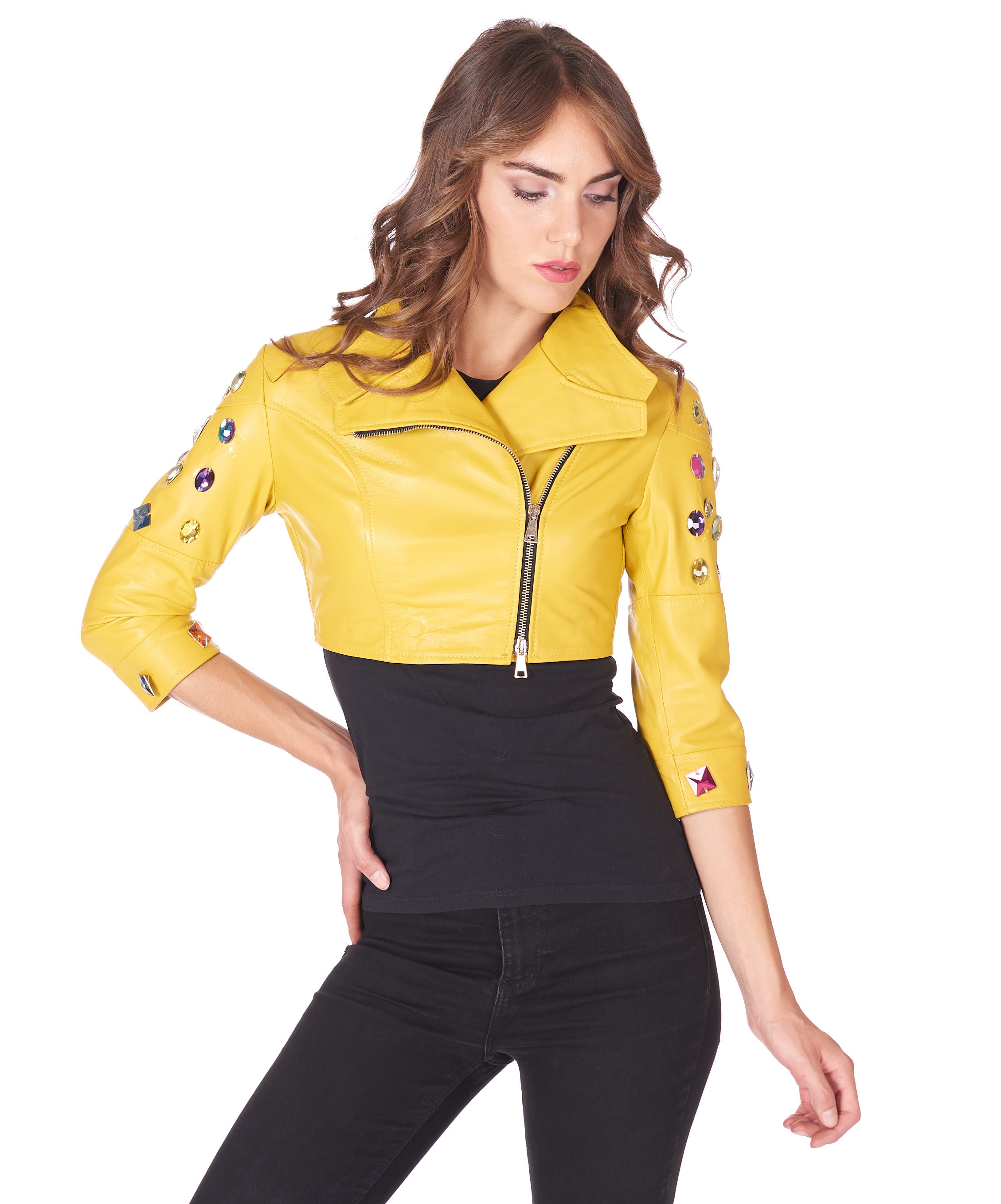 Bolero in Pelle Gialla Donna Giacca Corta Decorata Vera