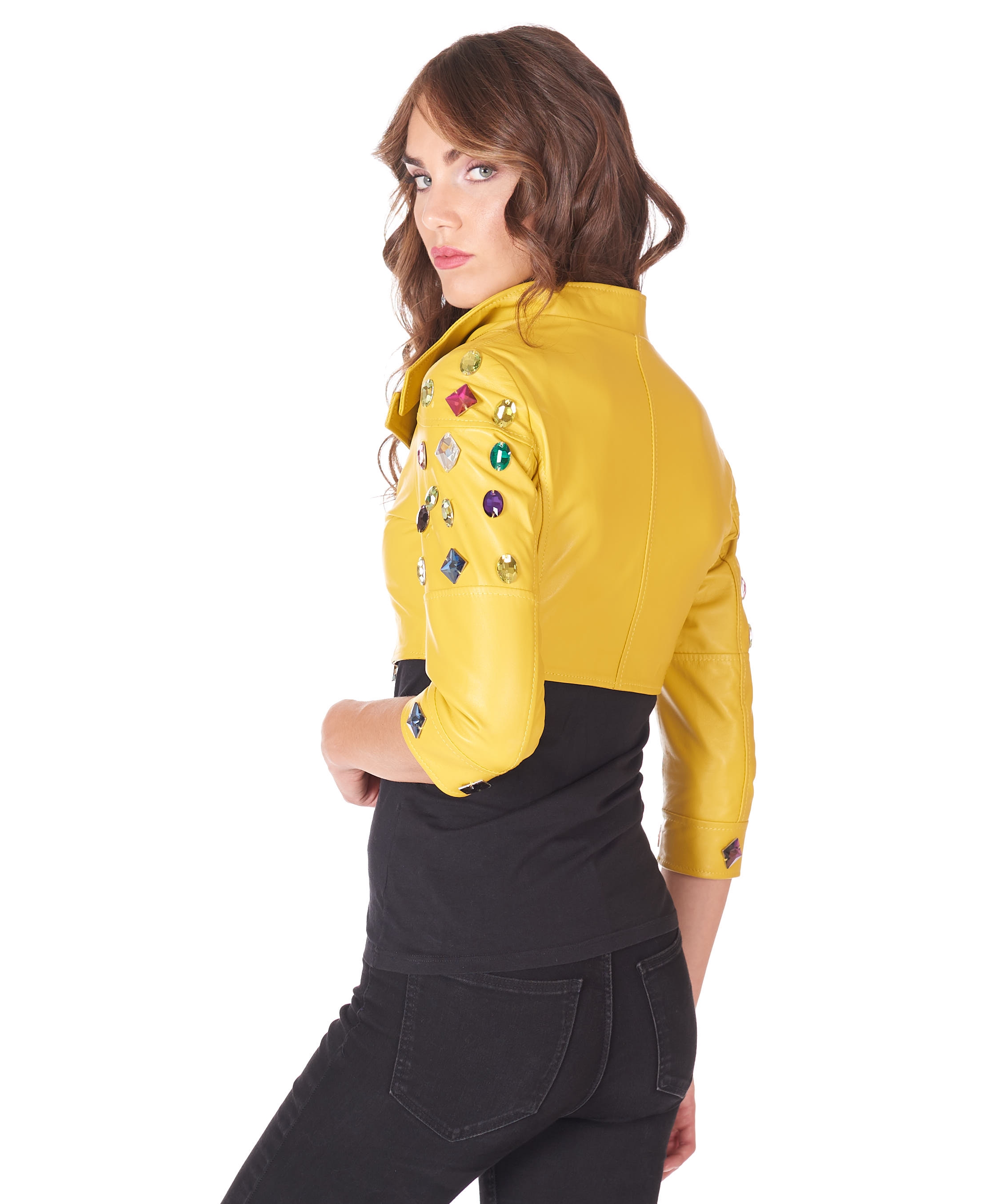 Bolero in Pelle Gialla Donna Giacca Corta Decorata Vera