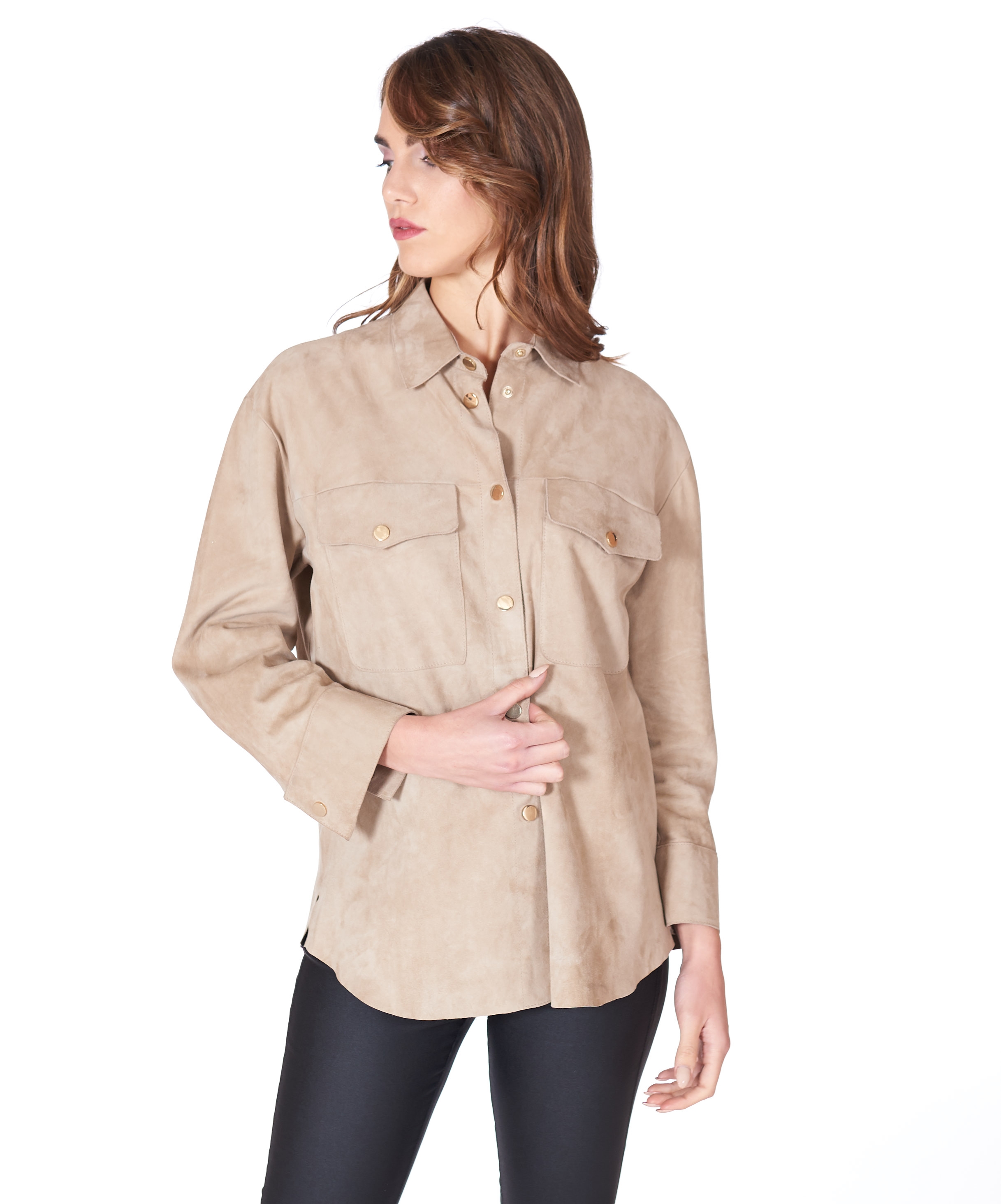 Camicia in Pelle Scamosciata Beige Donna Giacca Renna