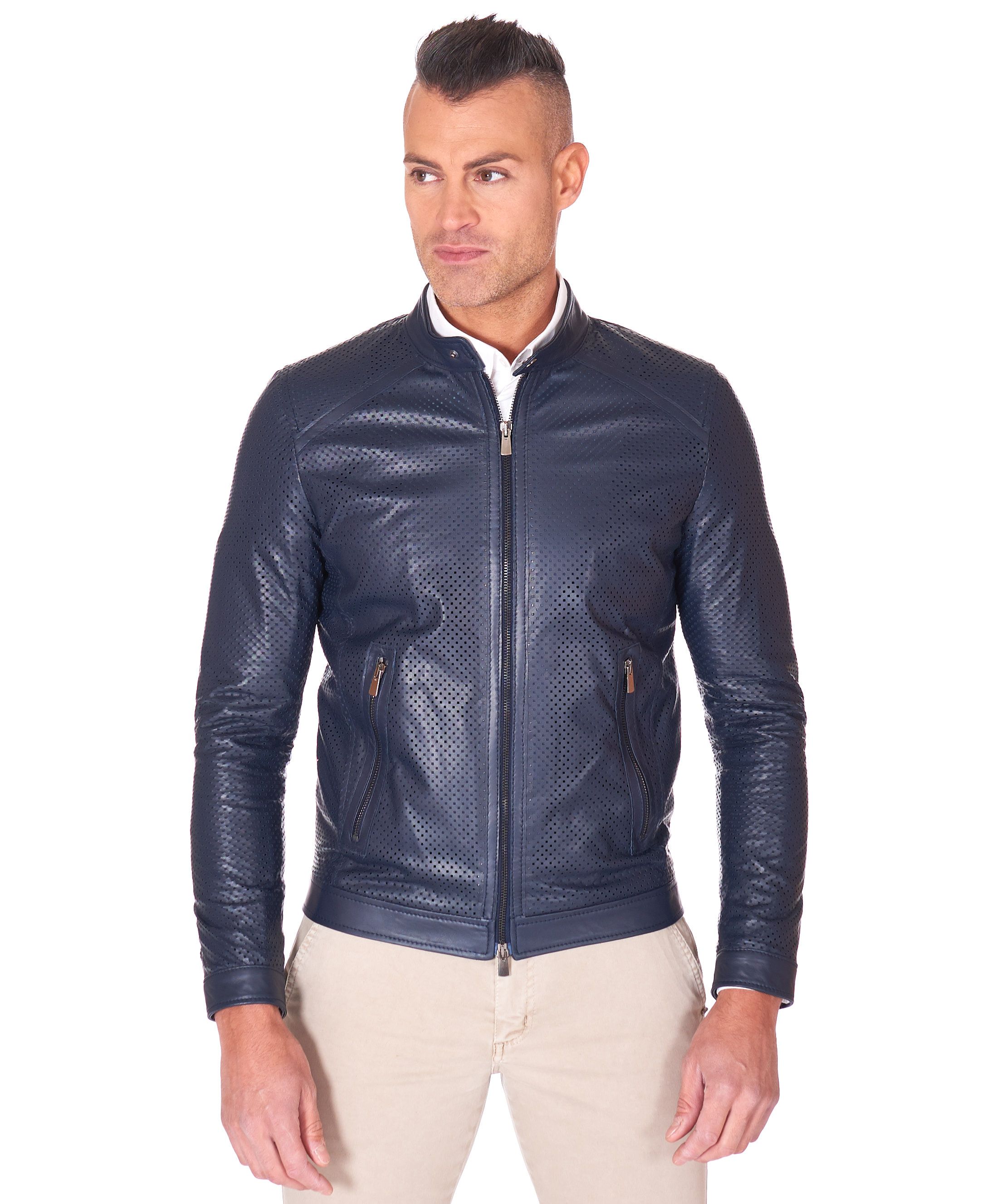 Giacca in Pelle Traforata Uomo Blu Vera Pelle Moto