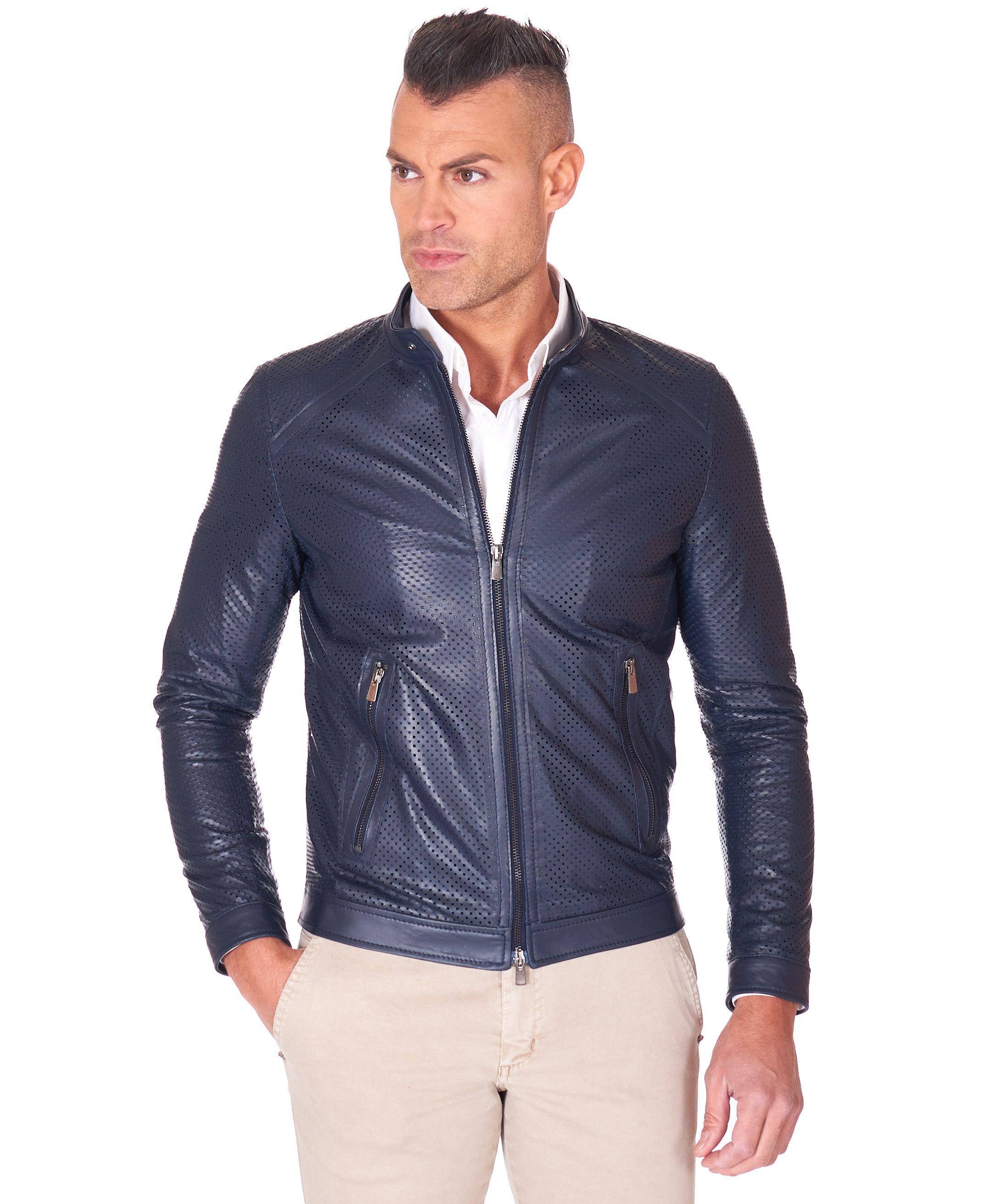 Giacca in Pelle Traforata Uomo Blu Vera Pelle Moto