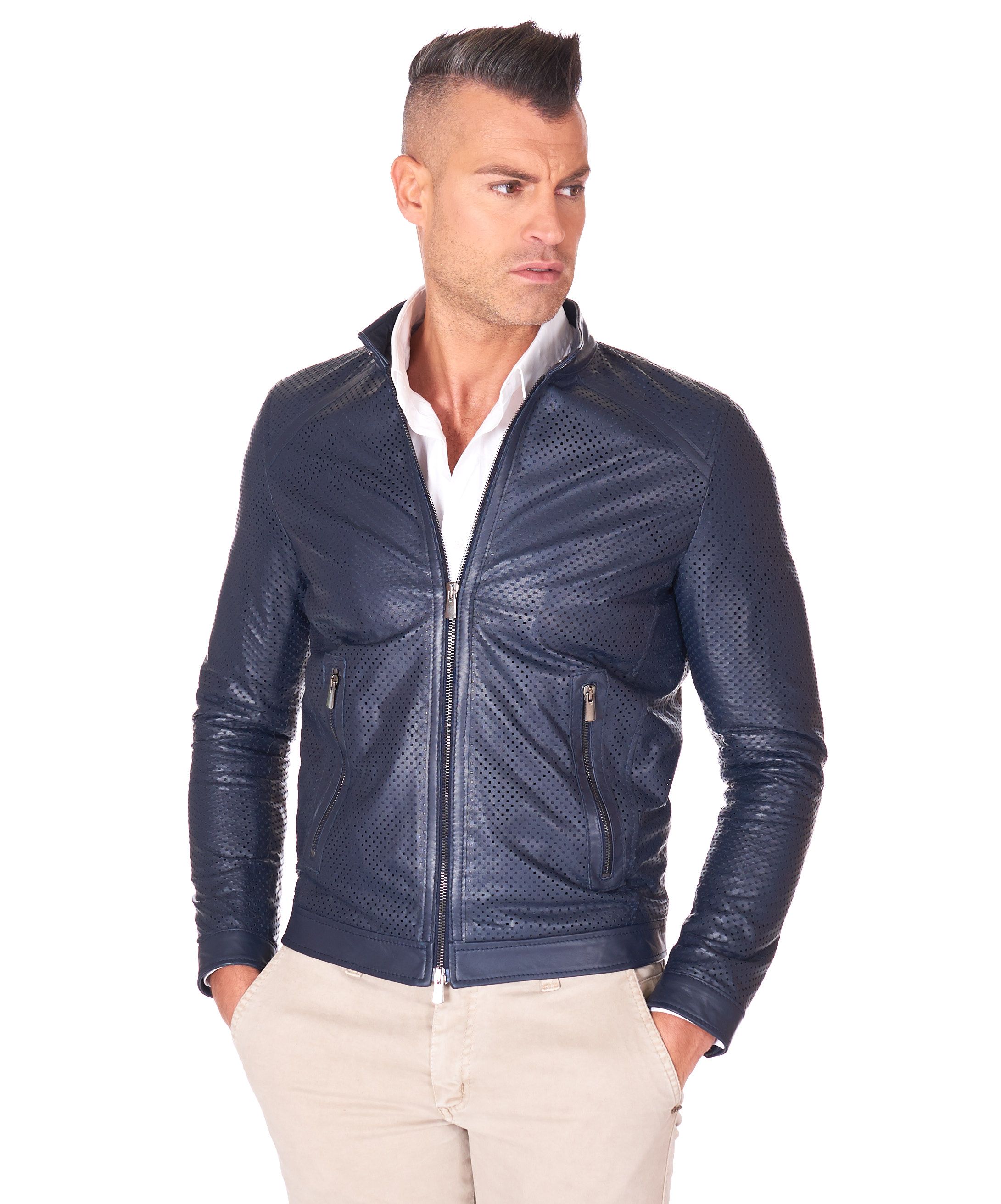 Giacca in Pelle Traforata Uomo Blu Vera Pelle Moto