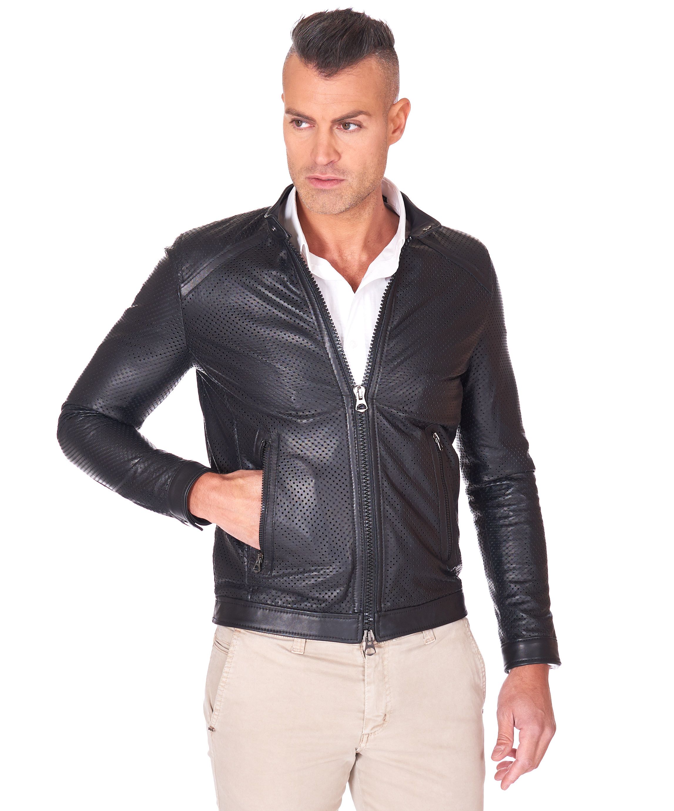 Giacca in vera pelle, biker collo coreana, nappa traforata
