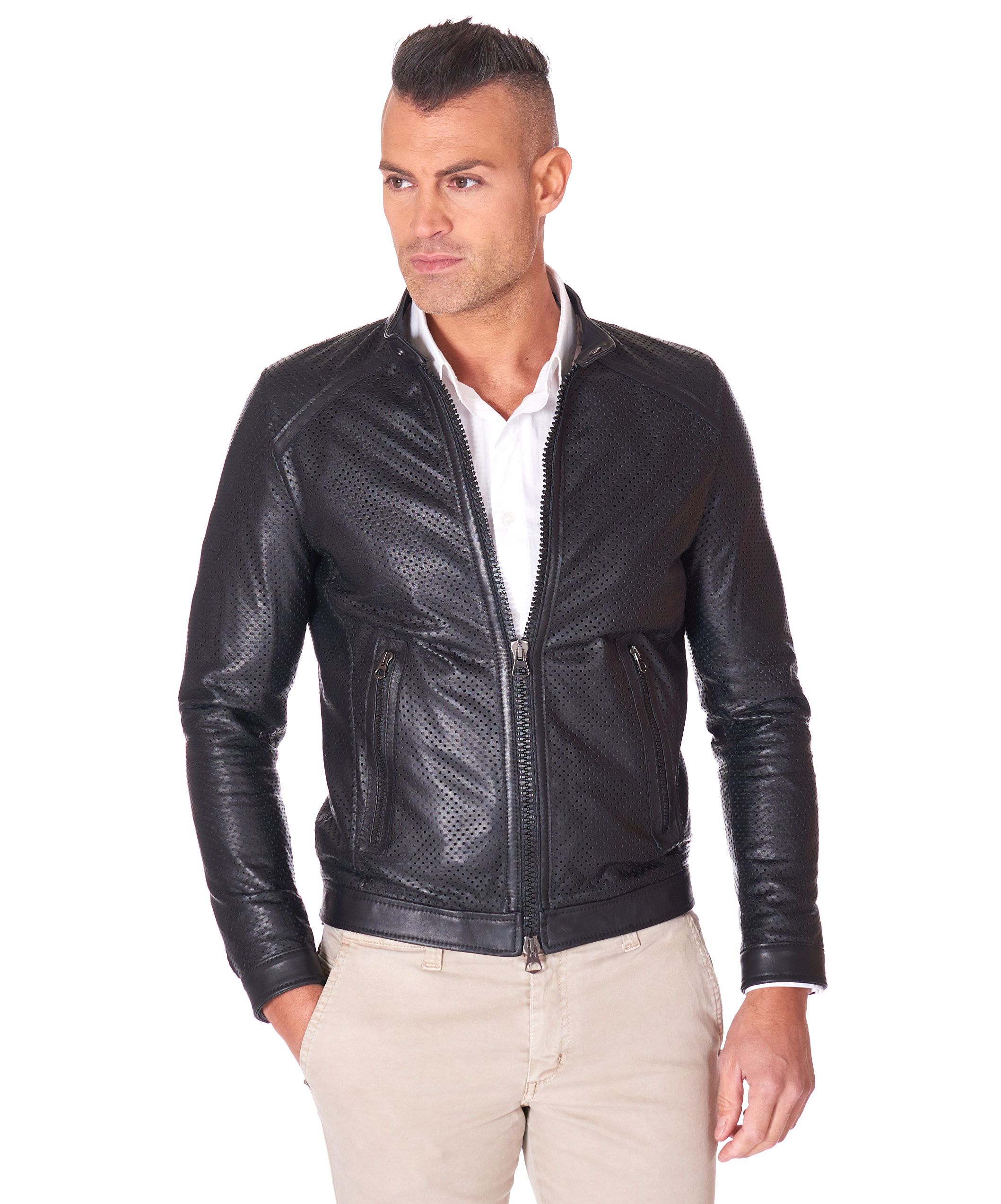 Giacca in vera pelle, biker collo coreana, nappa traforata