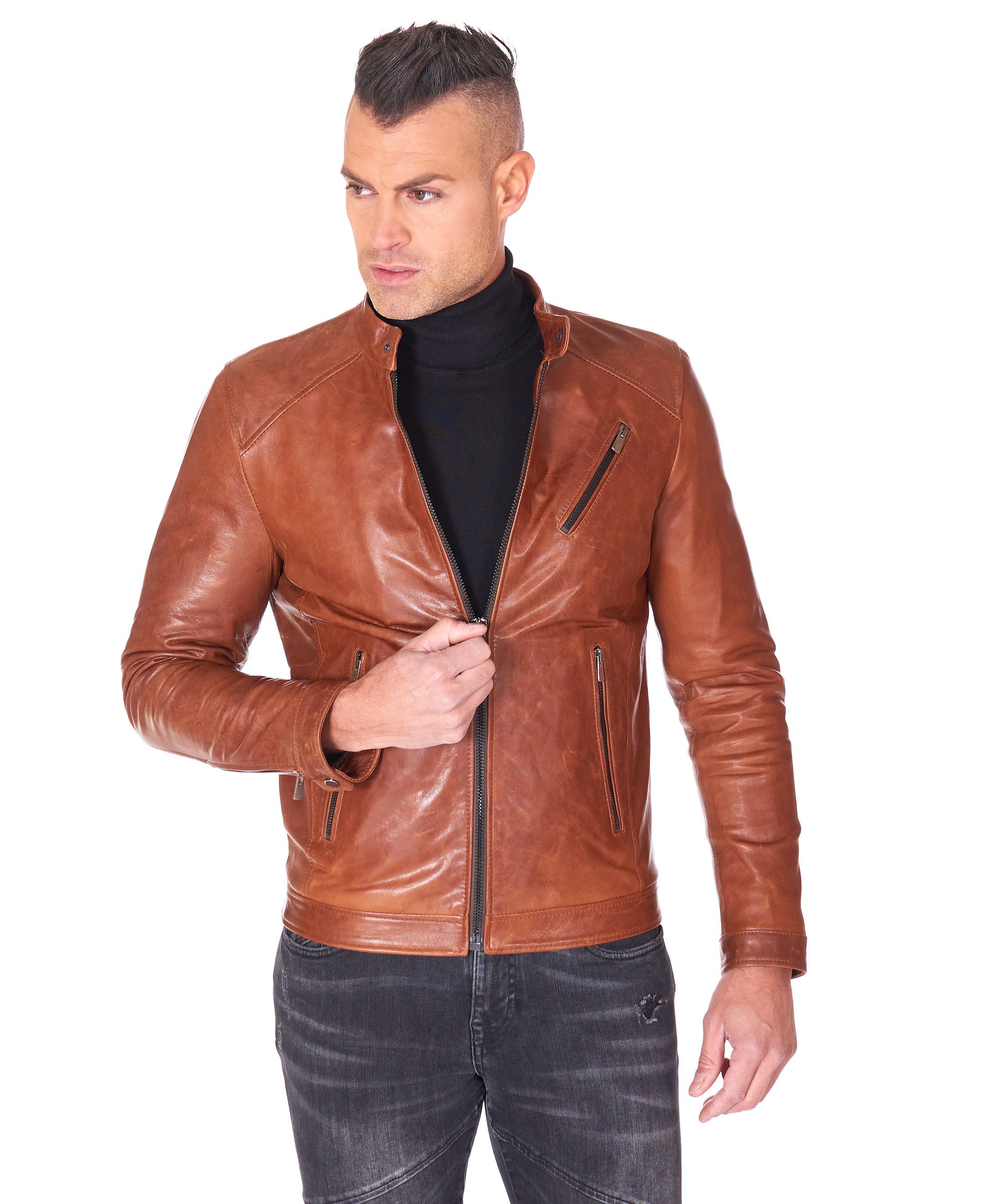Giacca Pelle Uomo Made in Italy Cuoio Cognac Vera Pelle