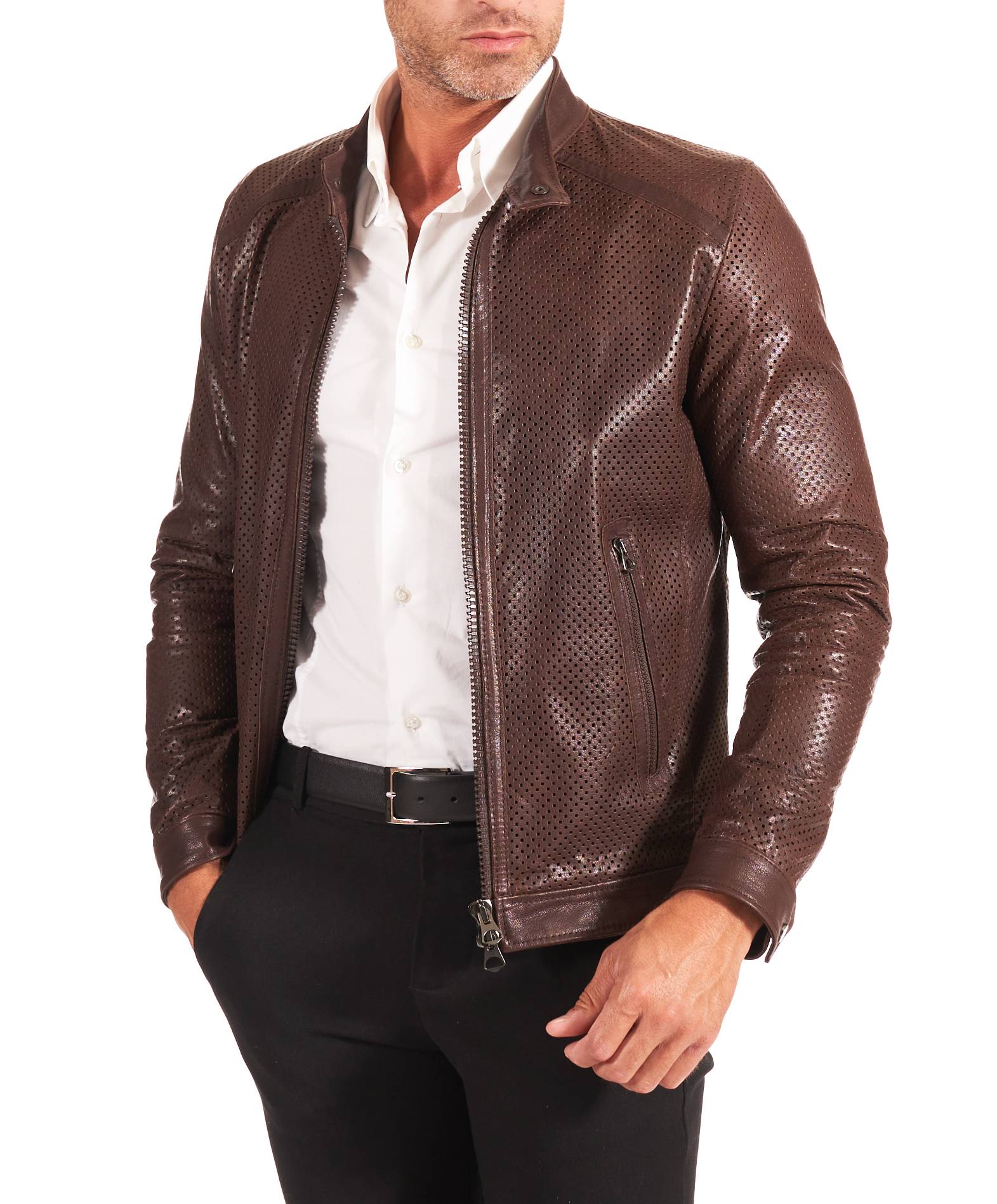 Giacca in Pelle Traforata Testa di Moro Uomo Giubbotto