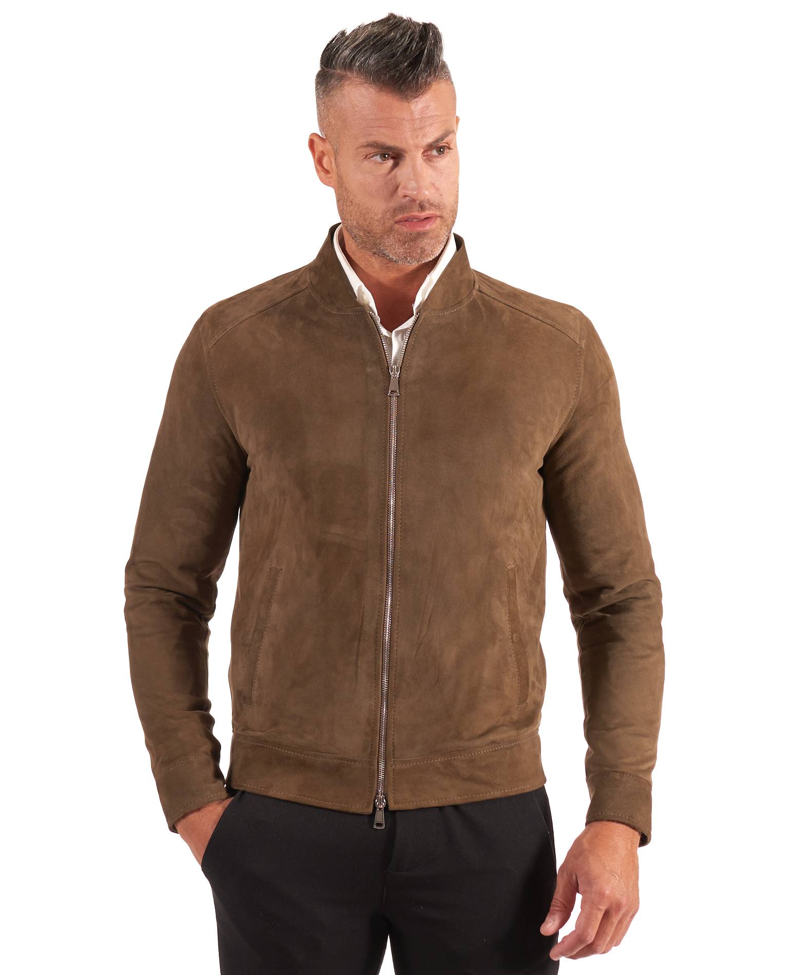 Giacca Pelle Scamosciata Verde Renna Uomo Giubbotto Vera