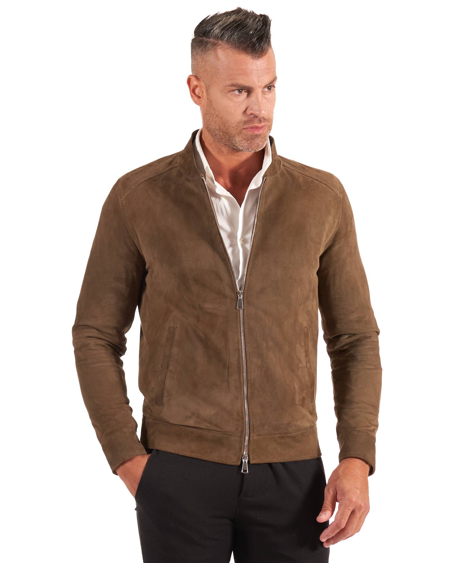 Giacca Pelle Scamosciata Verde Renna Uomo Giubbotto Vera