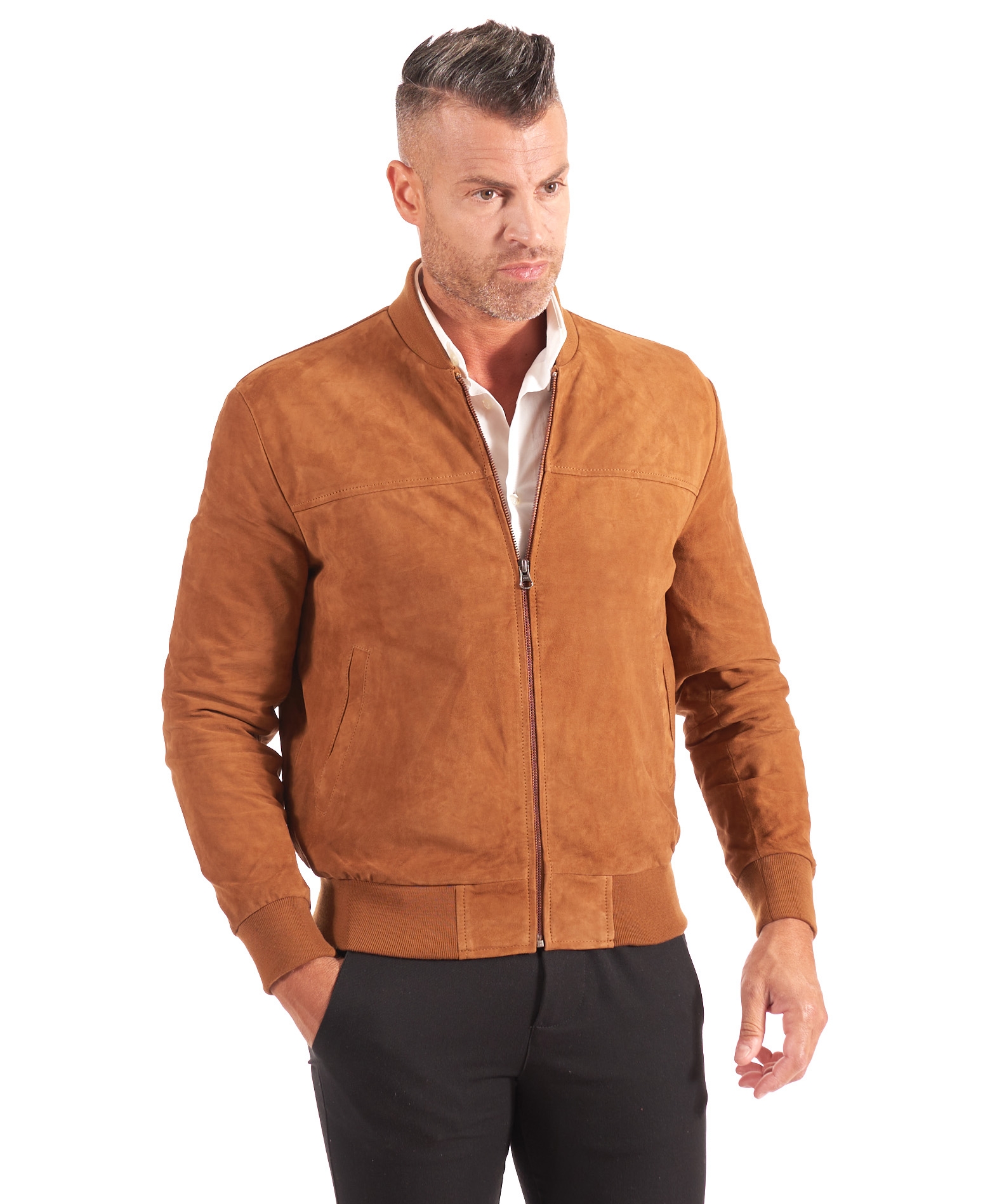 Bomber Pelle Scamosciata Cuoio Renna Uomo Giubbotto Vera