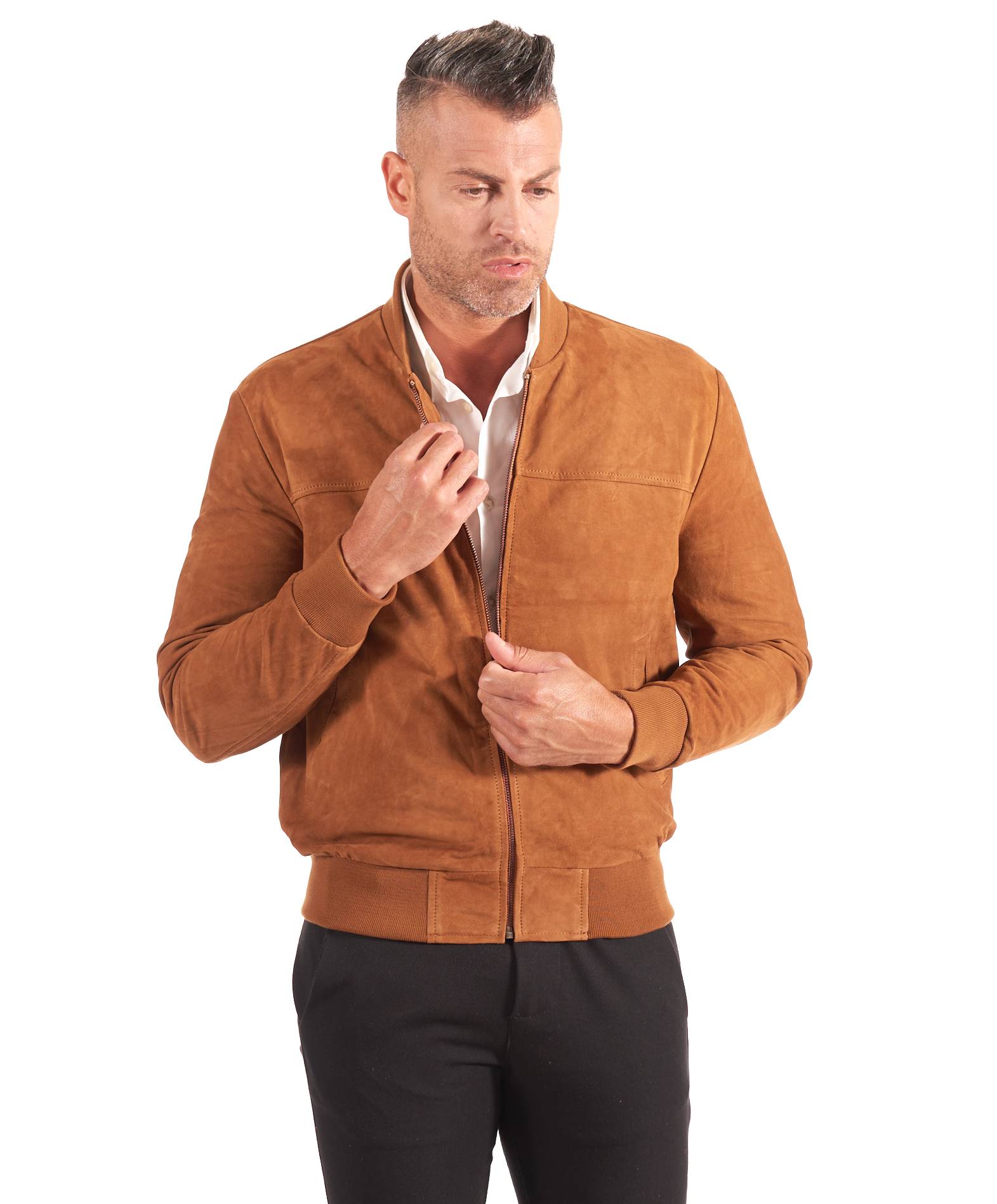 Bomber Pelle Scamosciata Cuoio Renna Uomo Giubbotto Vera